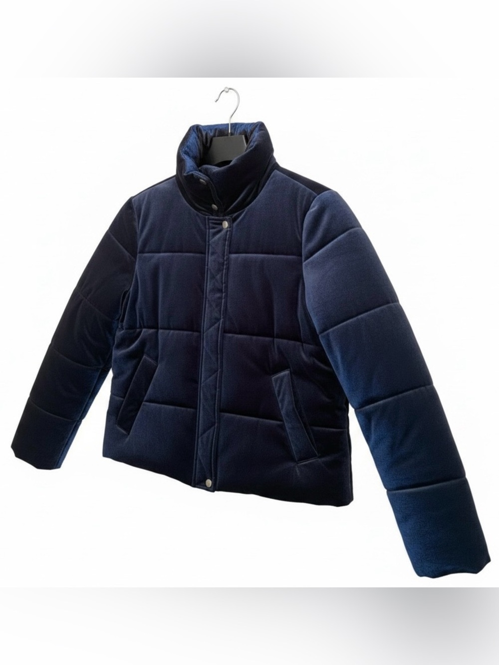 AQUA Velvet Puffer Jacket Womens Small Navy Blue Cropped Quilted Coat